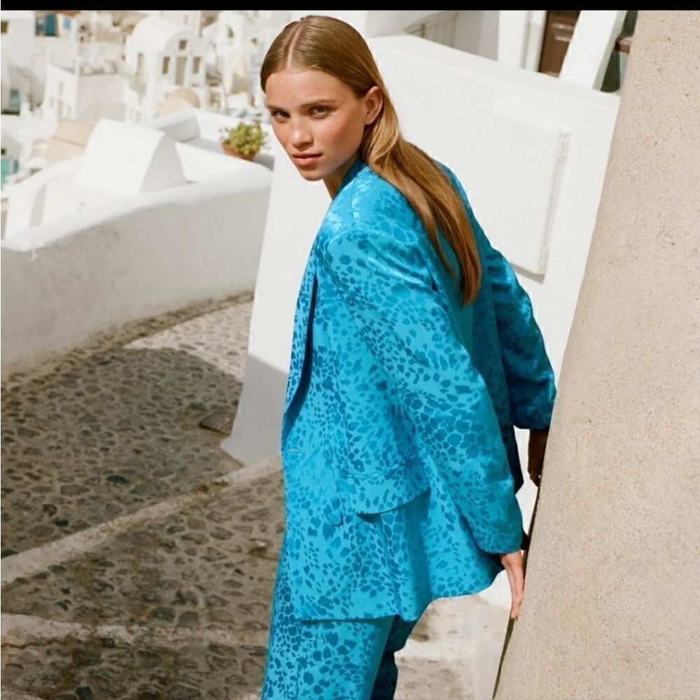 ZARA NWT TURQUOISE JACQUARD PANTS WIDE LEG - Picture 3 of 11